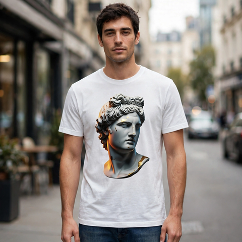 Youthful God Bust Orange Glow Greek Mythology Graphic T-Shirt – XGuidance