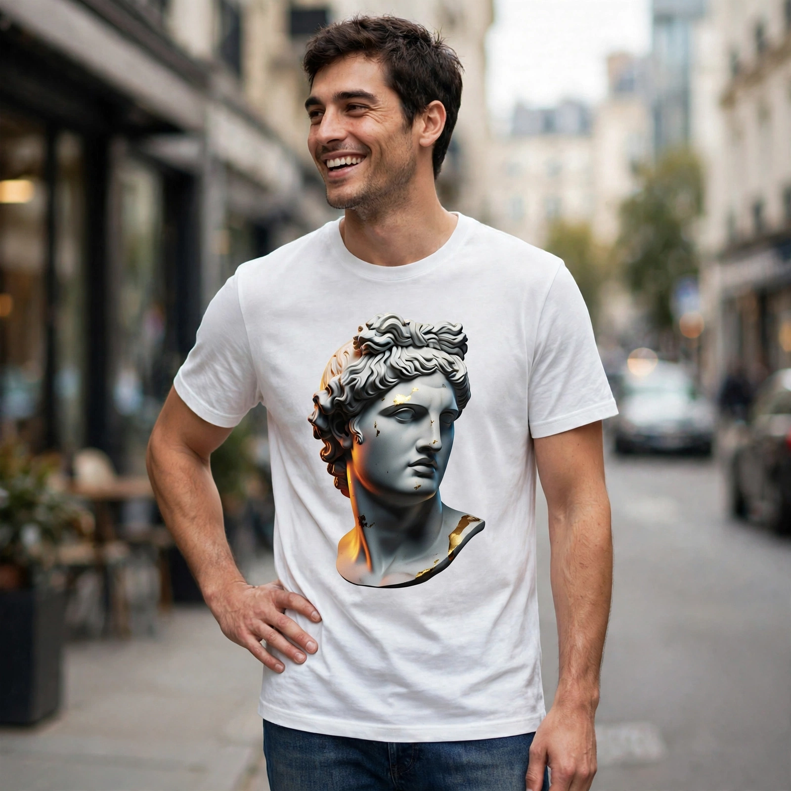 Youthful God Bust Orange Glow Greek Mythology Graphic T-Shirt – XGuidance – photo 2