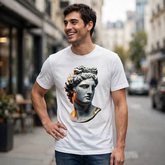 Youthful God Bust Orange Glow Greek Mythology Graphic T-Shirt – XGuidance – photo 2