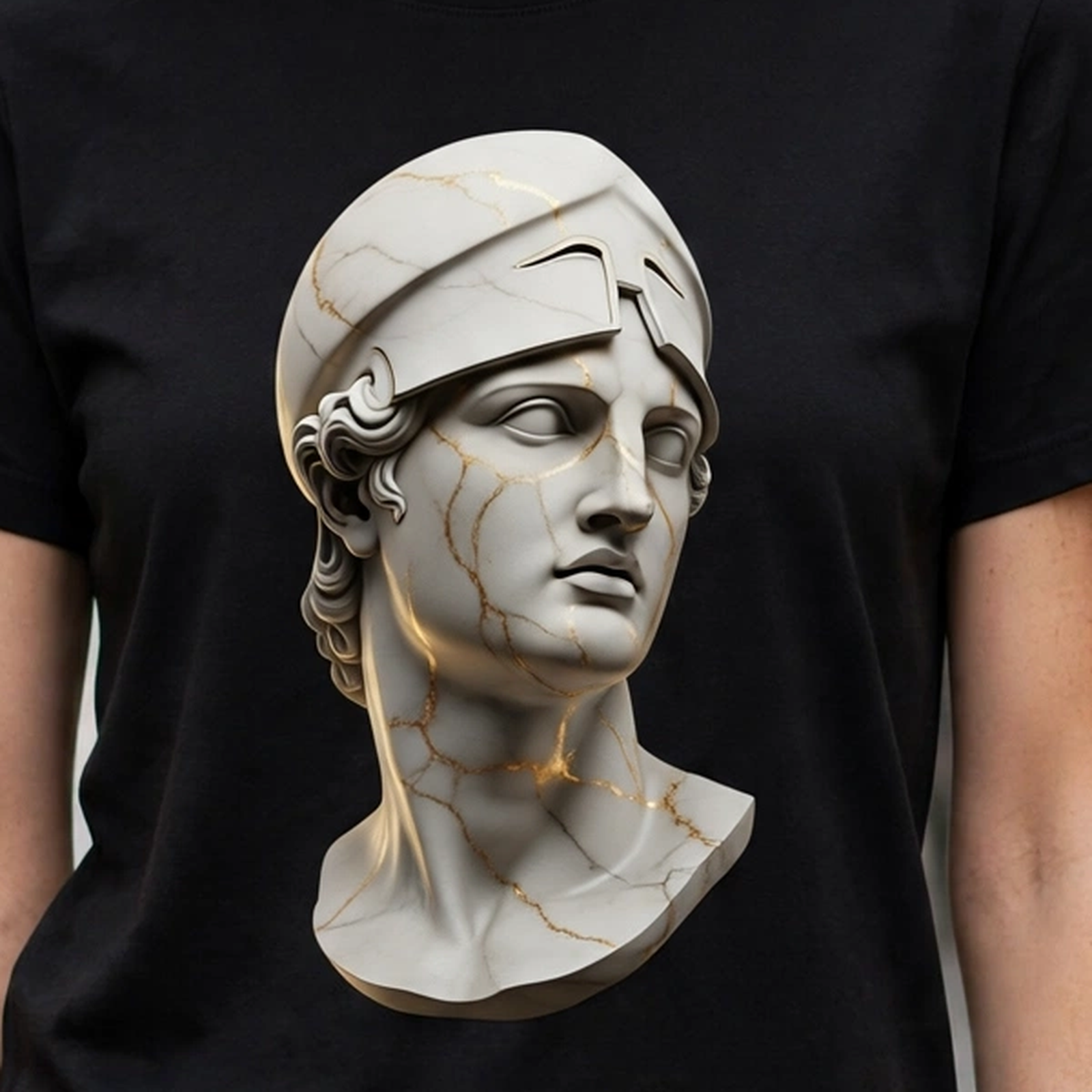 Helmeted Warrior Bust Gold Cracks Greek Mythology Graphic T-Shirt – XGuidance – photo 3