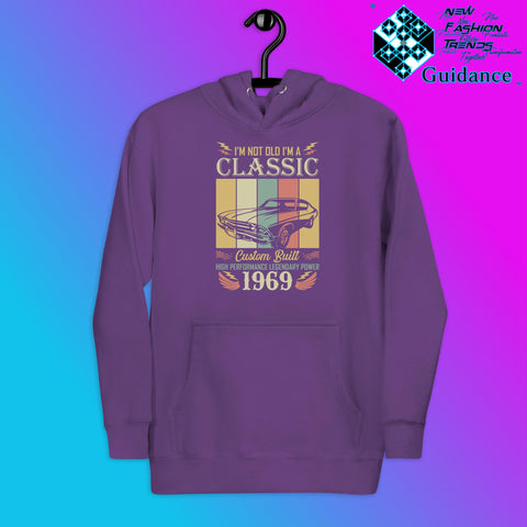 1969 Classic Hoodie with Vintage Retro Car Design by XGuidance Purple 10