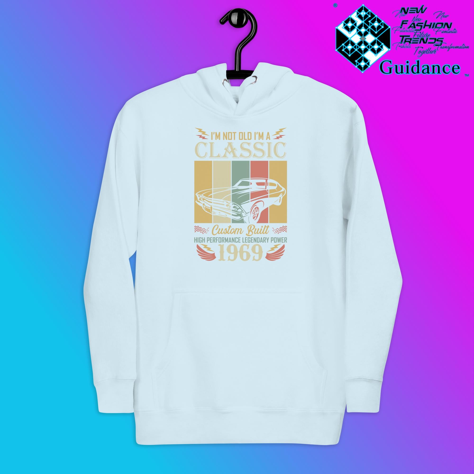1969 Classic Hoodie with Vintage Retro Car Design by XGuidance Sky Blue 11
