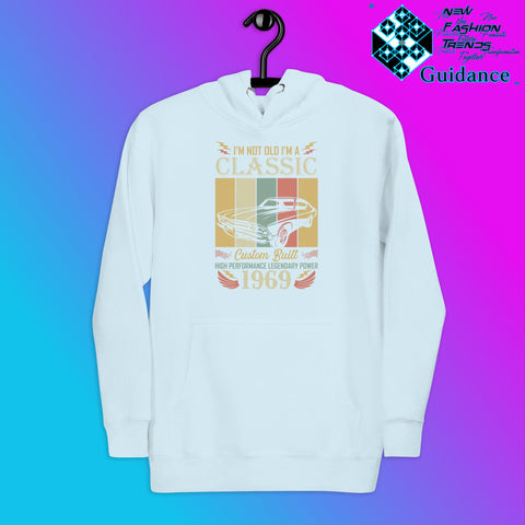 1969 Classic Hoodie with Vintage Retro Car Design by XGuidance Sky Blue 11