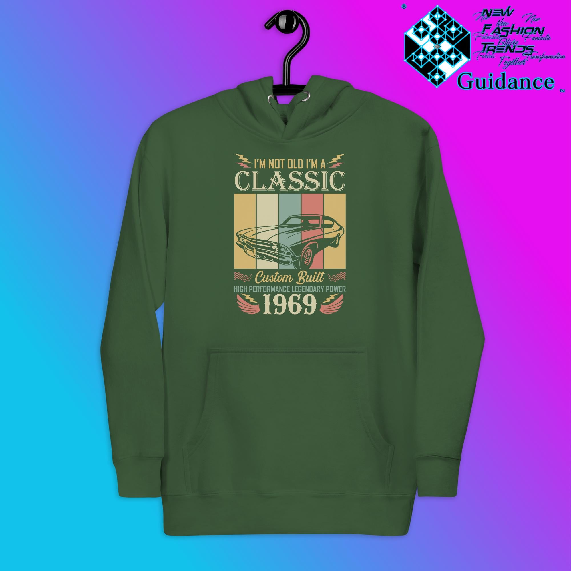 1969 Classic Hoodie with Vintage Retro Car Design by XGuidance Forest Green 12
