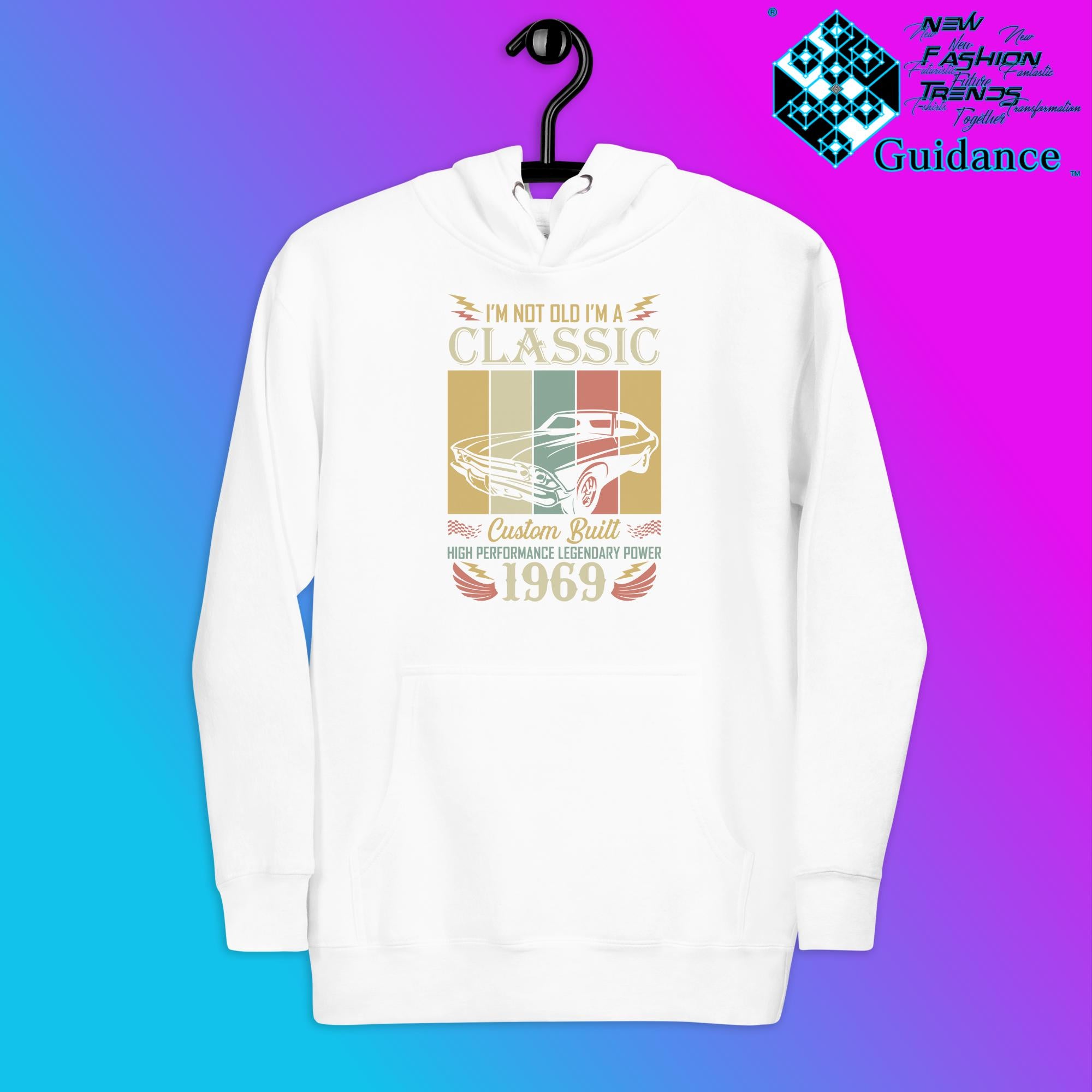 1969 Classic Hoodie with Vintage Retro Car Design by XGuidance White 2