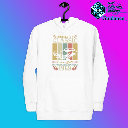 1969 Classic Hoodie with Vintage Retro Car Design by XGuidance White 2