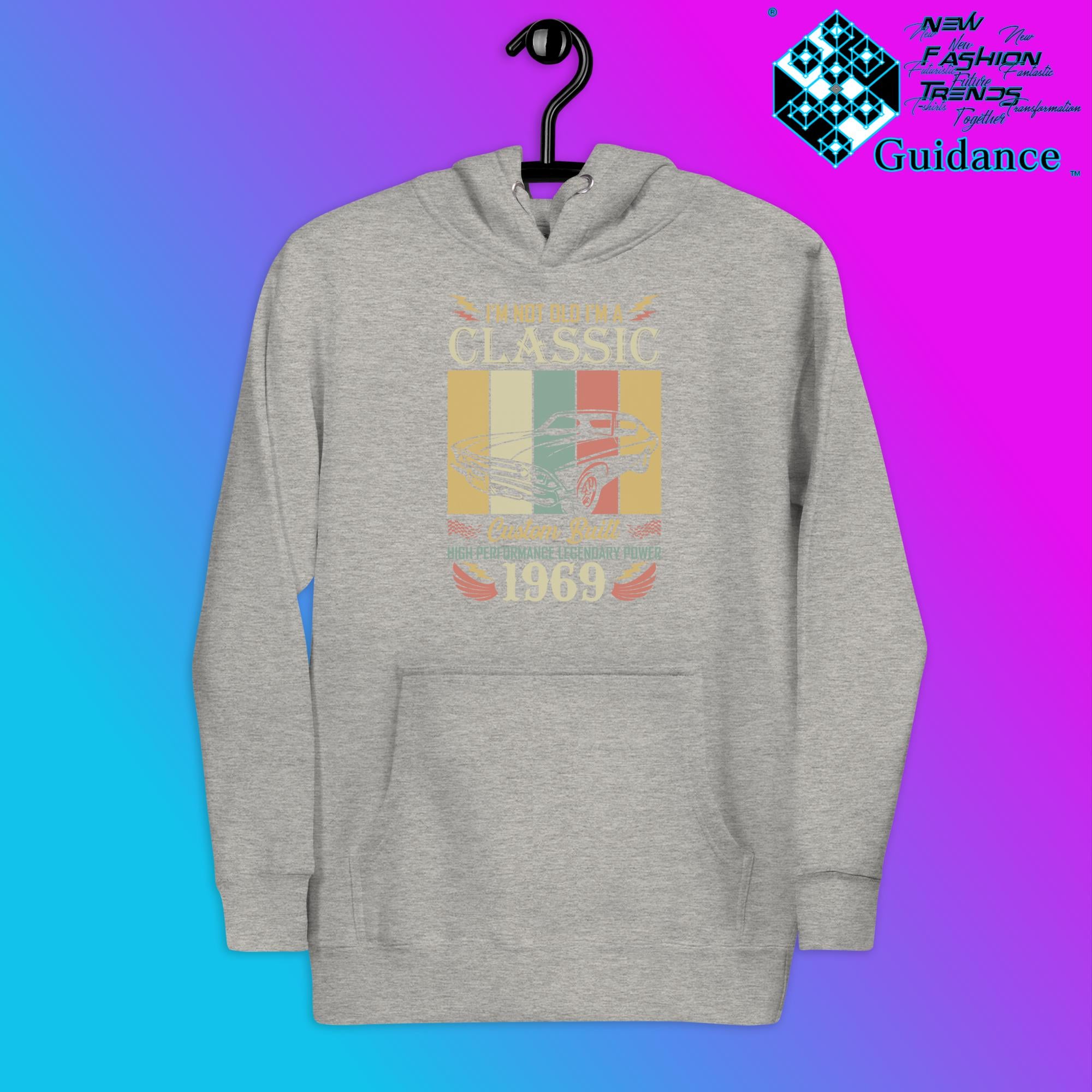 1969 Classic Hoodie with Vintage Retro Car Design by XGuidance Carbon Grey 3