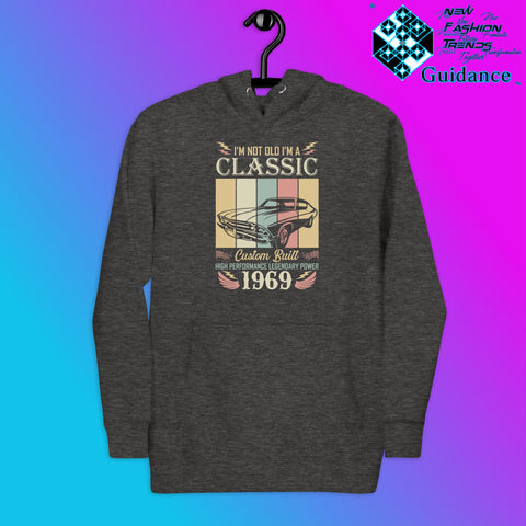 1969 Classic Hoodie with Vintage Retro Car Design by XGuidance Charcoal Heather 4