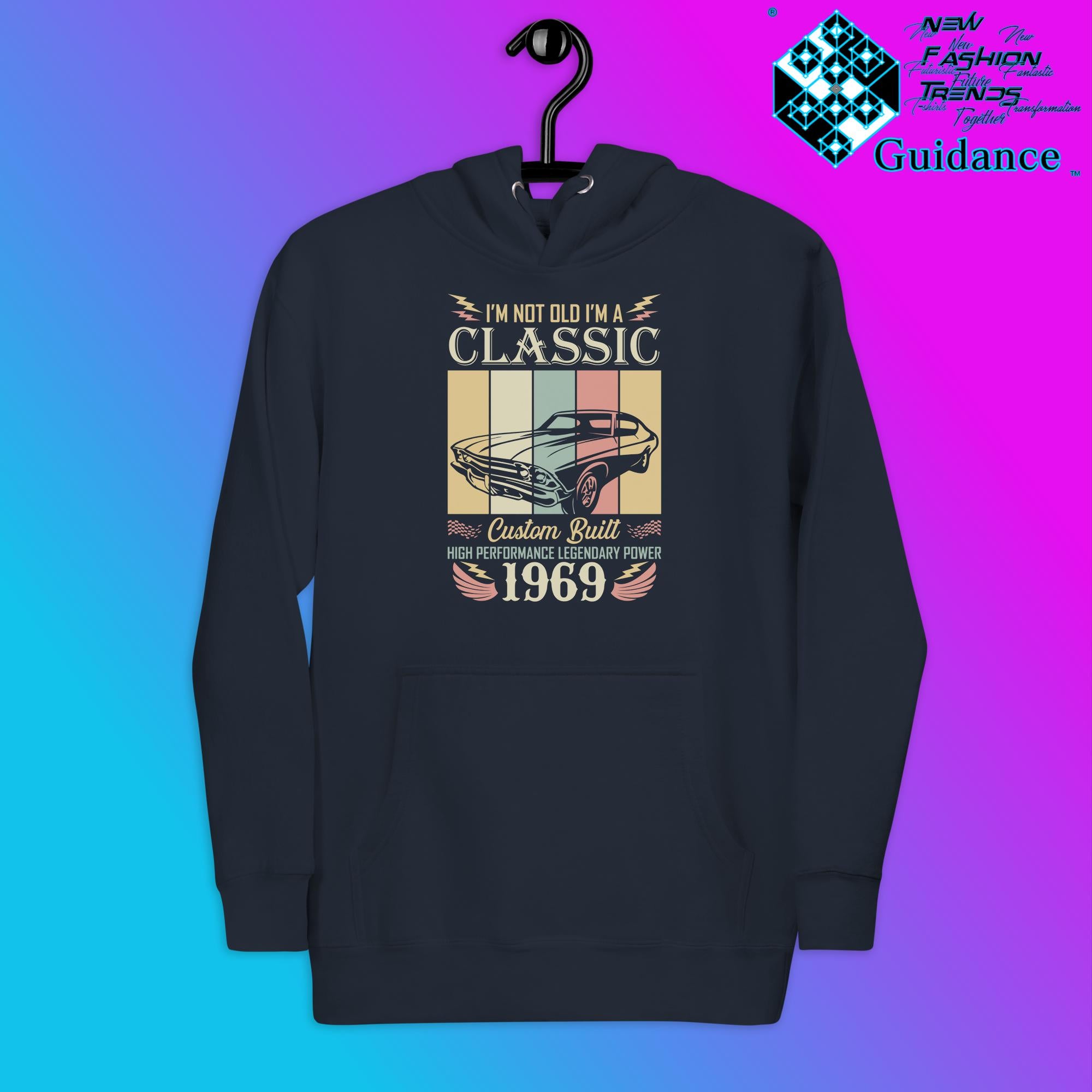 1969 Classic Hoodie with Vintage Retro Car Design by XGuidance Navy Blazer 6