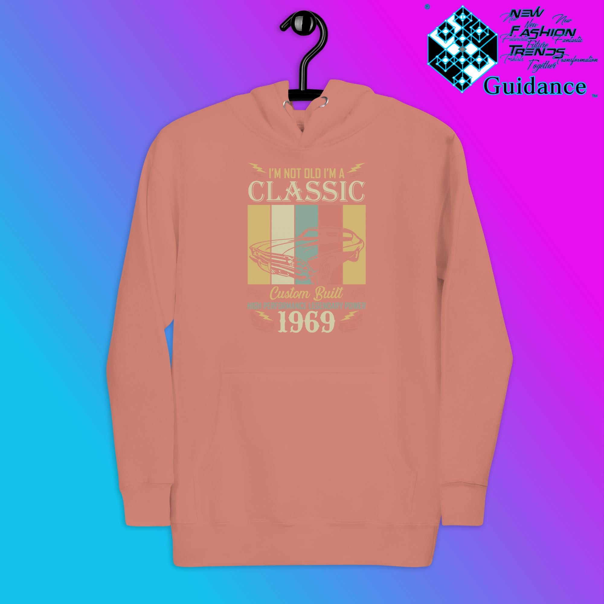 1969 Classic Hoodie with Vintage Retro Car Design by XGuidance Dusty Rose 7