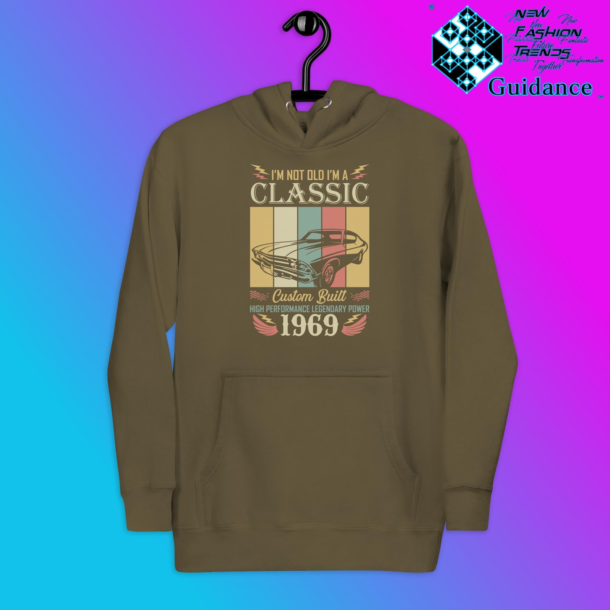 1969 Classic Hoodie with Vintage Retro Car Design by XGuidance Military Green 8