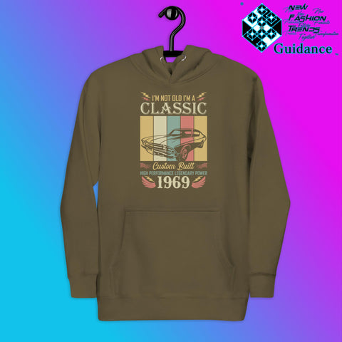 1969 Classic Hoodie with Vintage Retro Car Design by XGuidance Military Green 8
