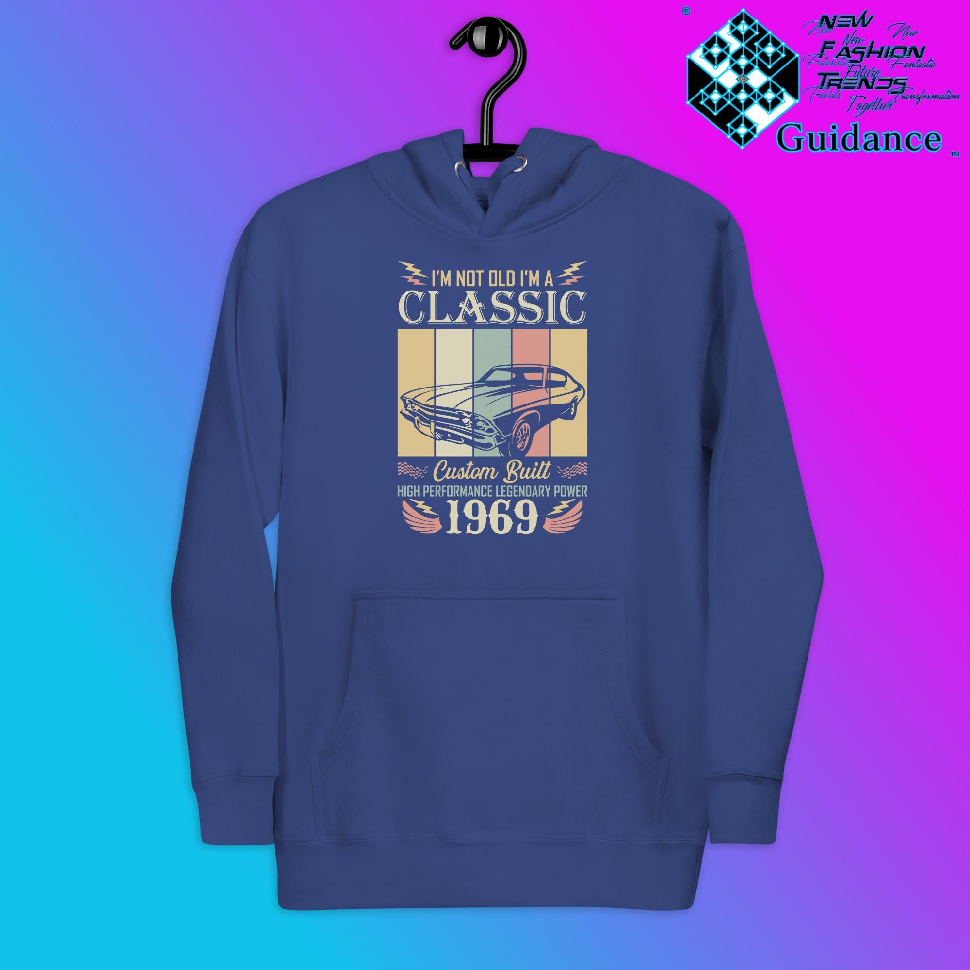 1969 Classic Hoodie with Vintage Retro Car Design by XGuidance Team Royal 9