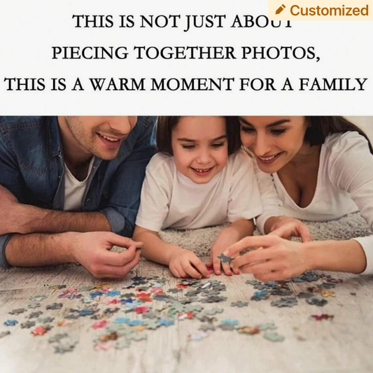 Family working on a puzzle together with text overlay.