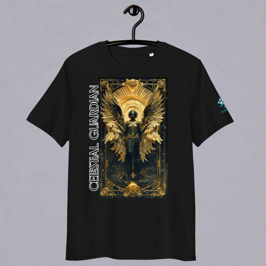 Celestial Guardian Tee – Divine Gold Armor & Cosmic Power by XGuidance Black 1