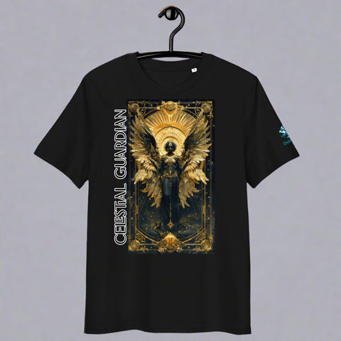 Celestial Guardian Tee – Divine Gold Armor & Cosmic Power by XGuidance Black 1