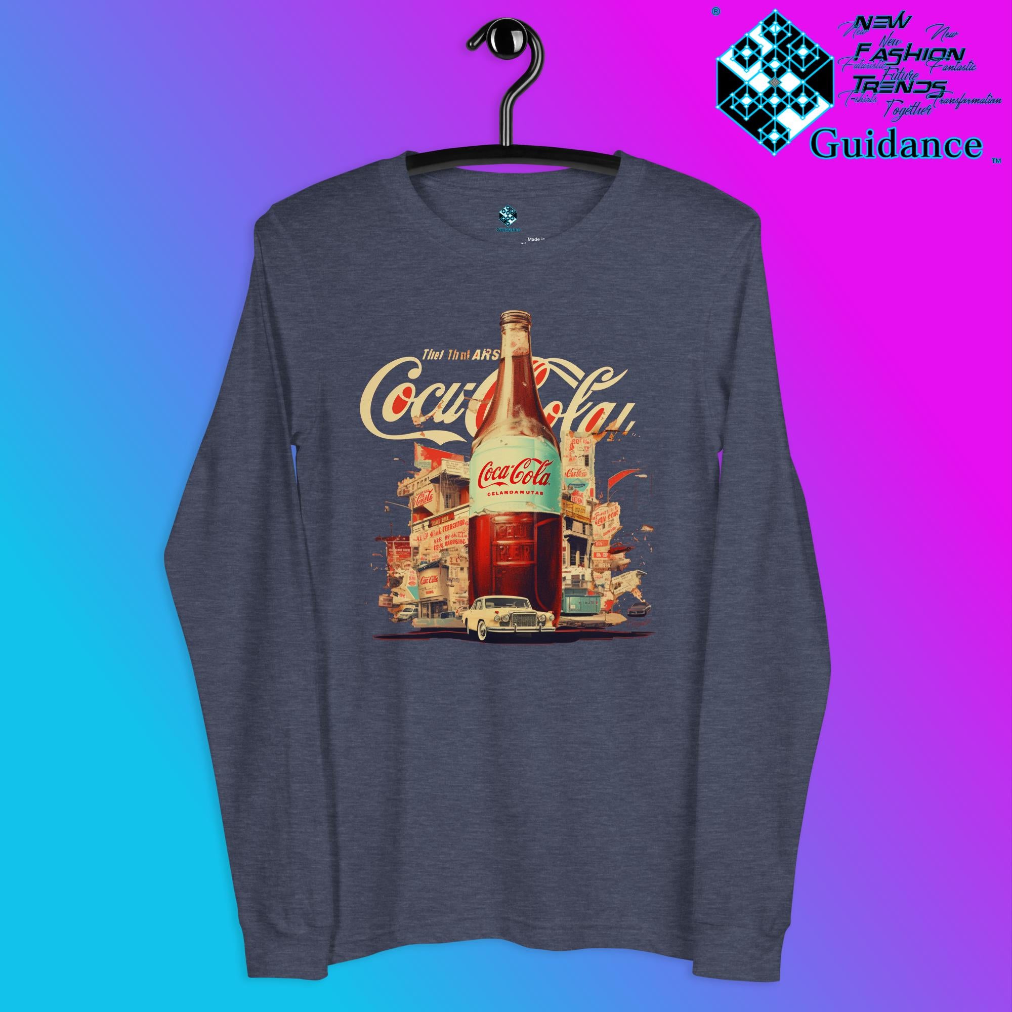 Coca-Cola Long Sleeve T-Shirt with Vintage Bottle Design by XGuidance Heather Navy 8