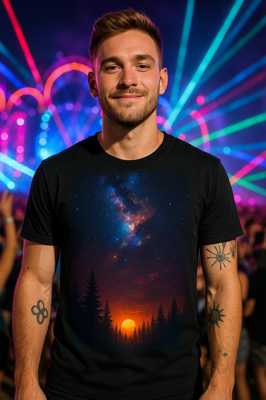 Cosmic Dawn T-Shirt – Galaxy Forest Streetwear T-Shirts by XGuidance XS 1