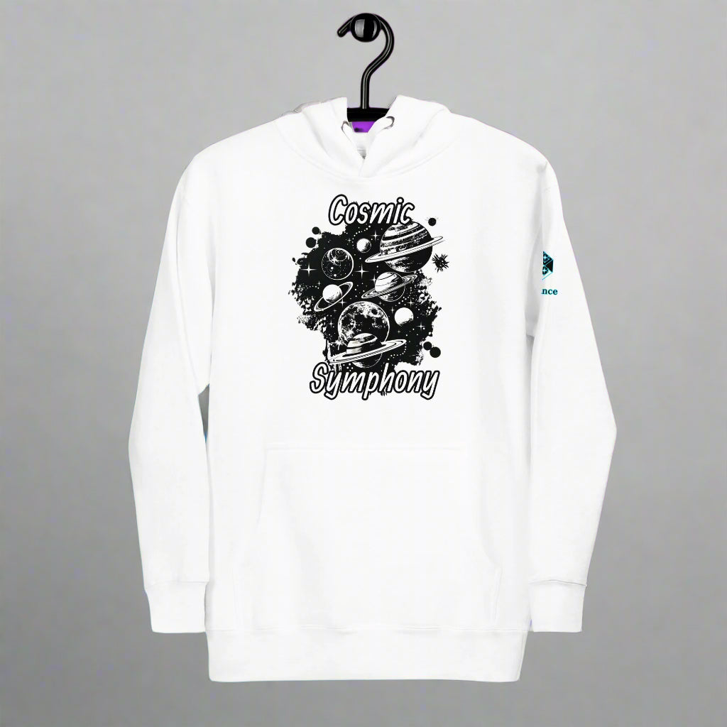 Cosmic Symphony Hoodie – Planets and Stars Artwork by XGuidance White 1