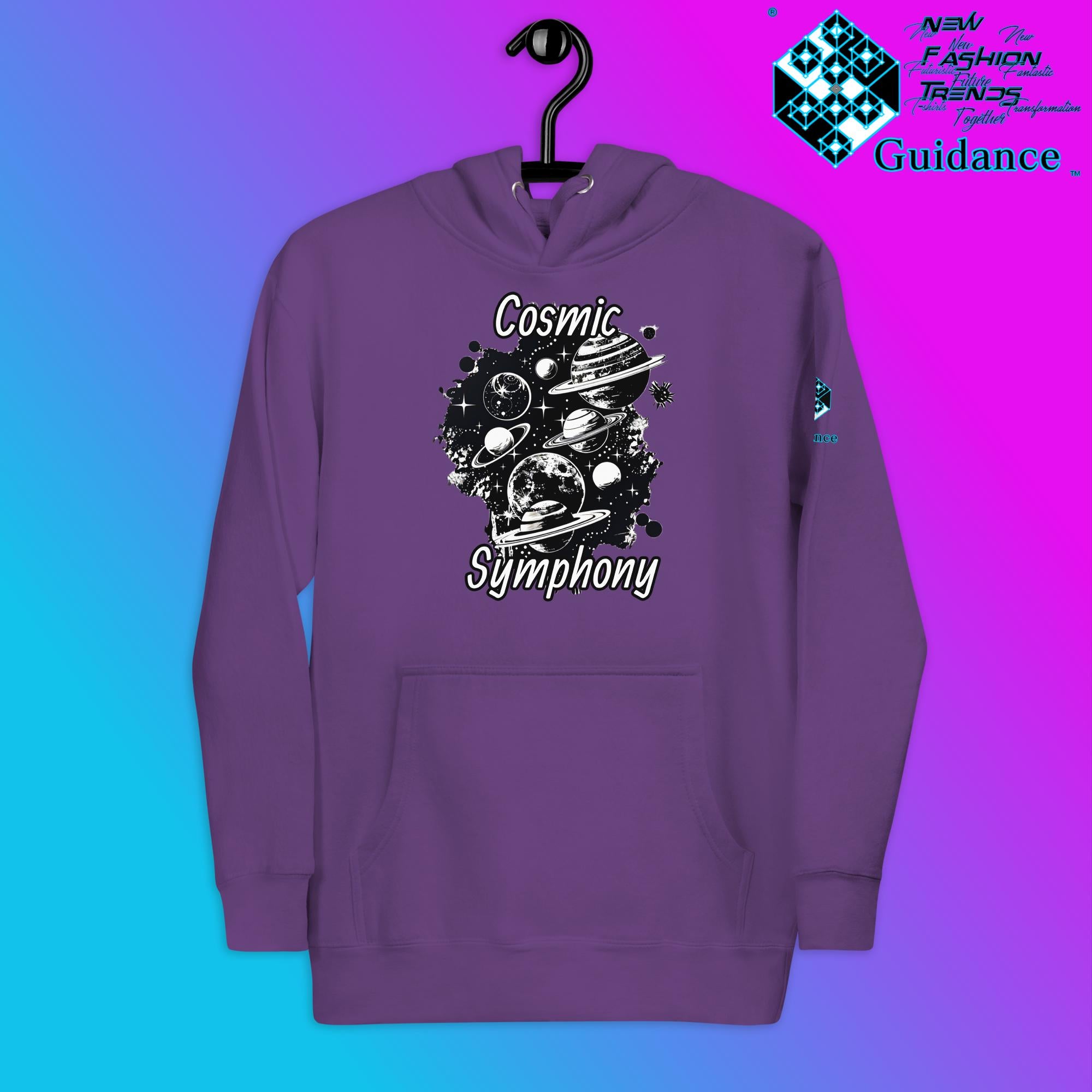 Cosmic Symphony Hoodie – Planets and Stars Artwork by XGuidance Purple 10