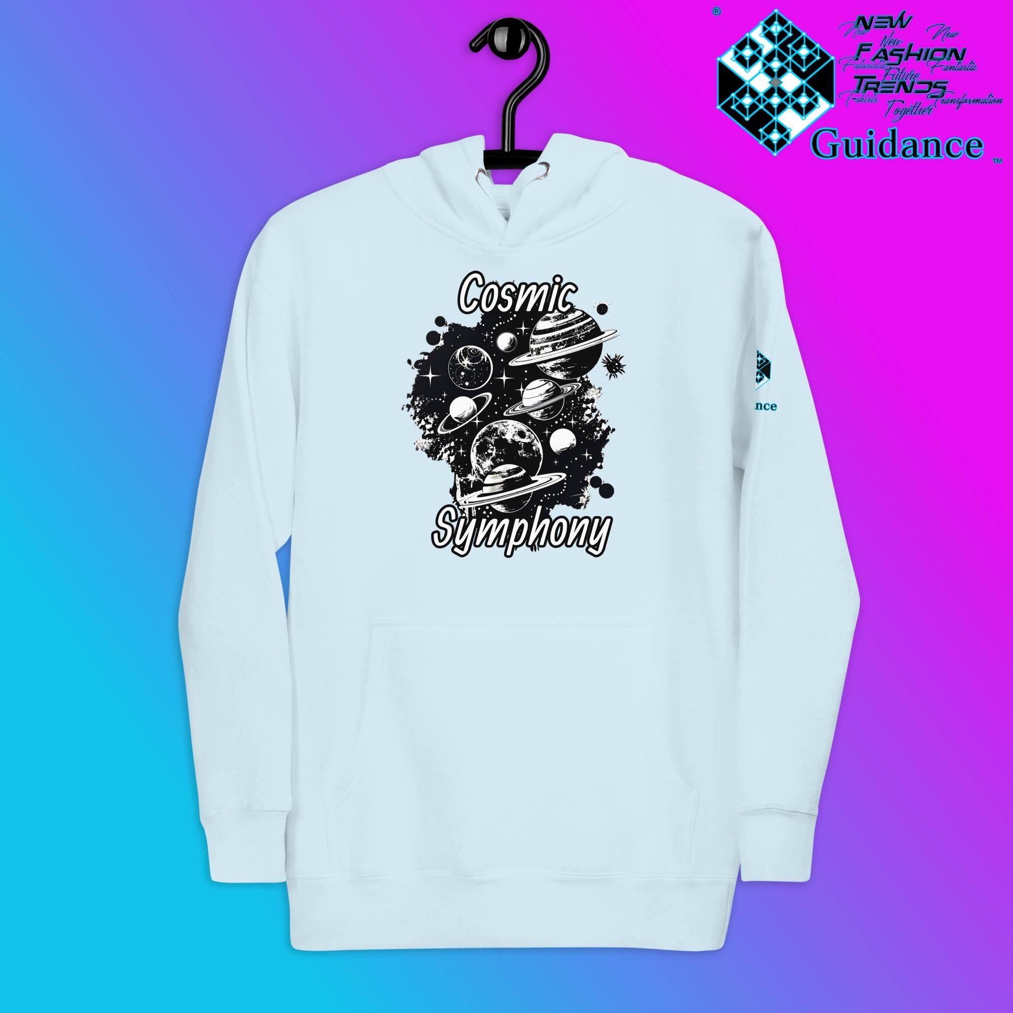 Cosmic Symphony Hoodie – Planets and Stars Artwork by XGuidance Sky Blue 11