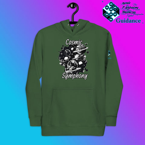 Cosmic Symphony Hoodie – Planets and Stars Artwork by XGuidance Forest Green 12