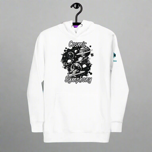 Cosmic Symphony Hoodie – Planets and Stars Artwork by XGuidance White 1