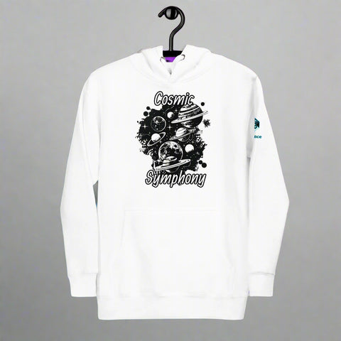 Cosmic Symphony Hoodie – Planets and Stars Artwork by XGuidance White 1