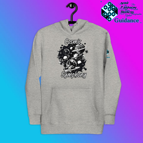 Cosmic Symphony Hoodie – Planets and Stars Artwork by XGuidance Carbon Grey 3