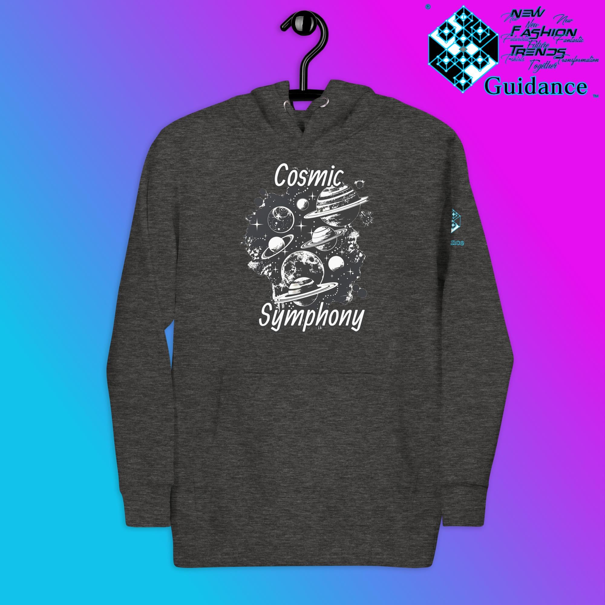 Cosmic Symphony Hoodie – Planets and Stars Artwork by XGuidance Charcoal Heather 4