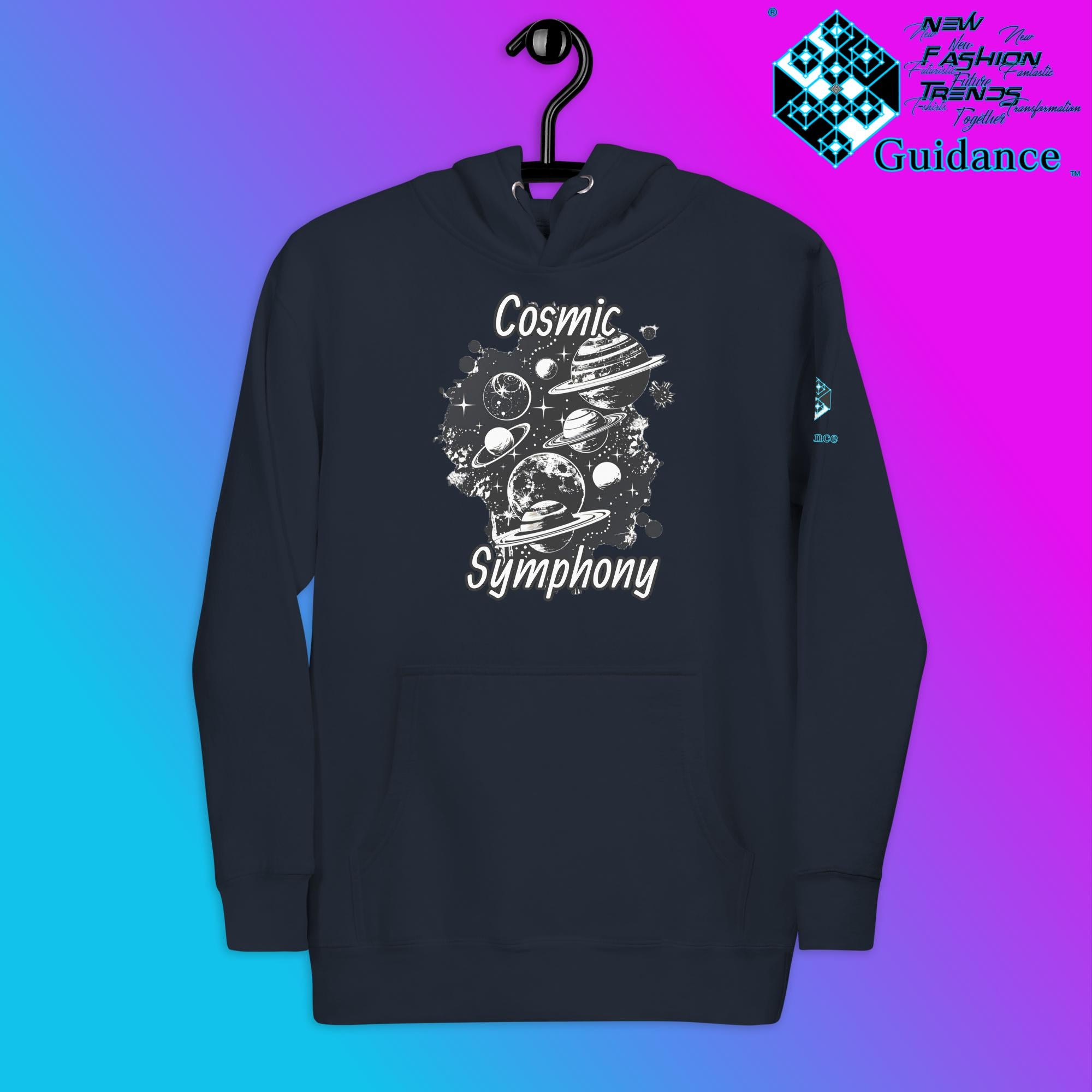 Cosmic Symphony Hoodie – Planets and Stars Artwork by XGuidance Navy Blazer 6