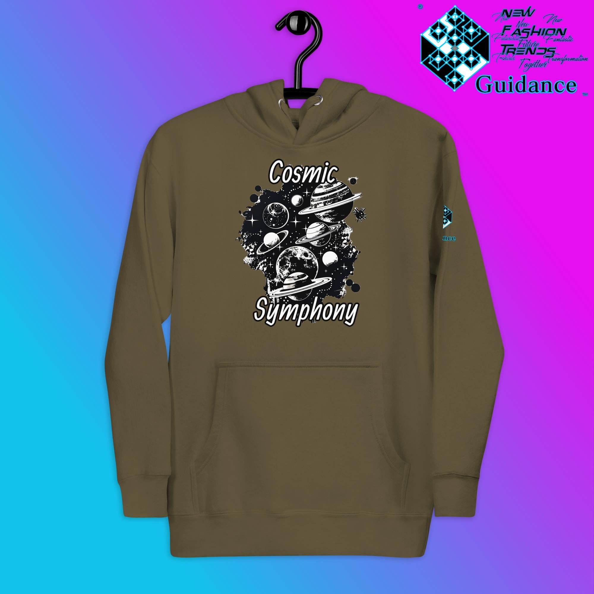 Cosmic Symphony Hoodie – Planets and Stars Artwork by XGuidance Military Green 8