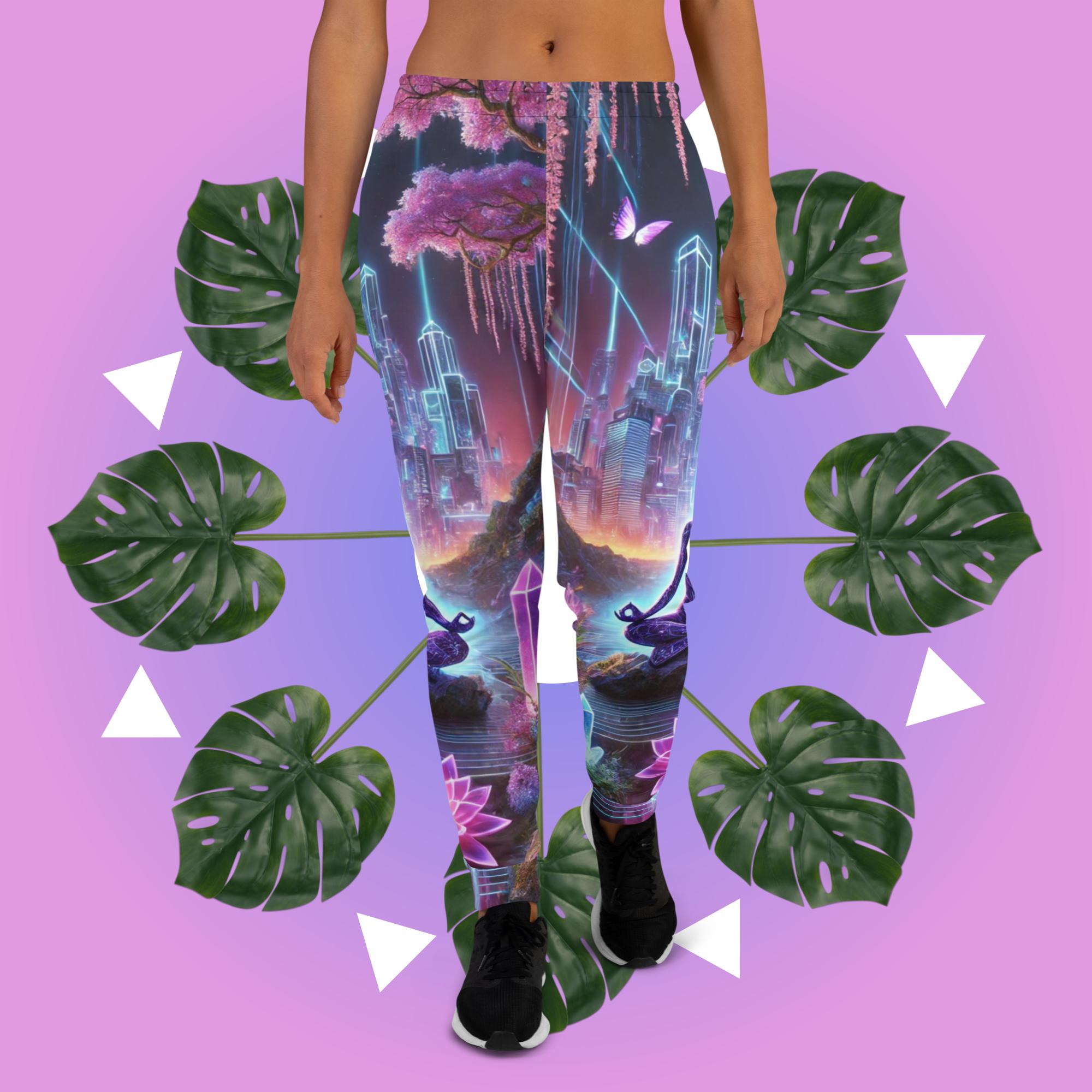 Spiritual joggers featuring cosmic cityscape and meditating figure with glowing crystals – eco-friendly sweatpants for yoga, healing, and inner balance
