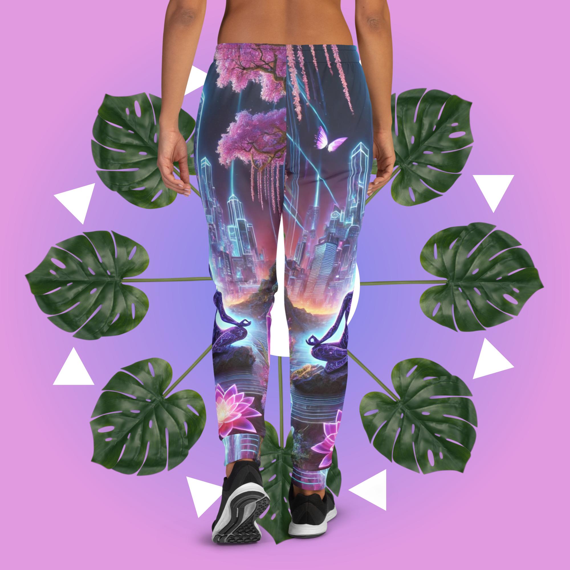 Spiritual joggers featuring cosmic cityscape and meditating figure with glowing crystals – eco-friendly sweatpants for yoga, healing, and inner balance