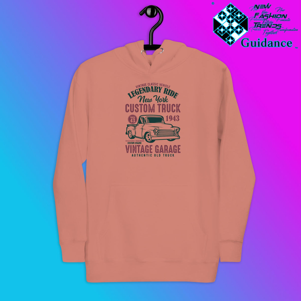 Custom Cruiser Hoodie with Vintage Truck Print by XGuidance Dusty Rose 3