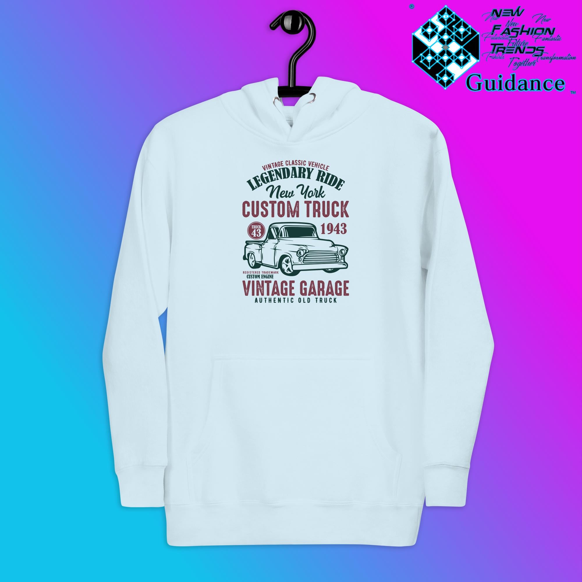 Custom Cruiser Hoodie with Vintage Truck Print by XGuidance Sky Blue 4