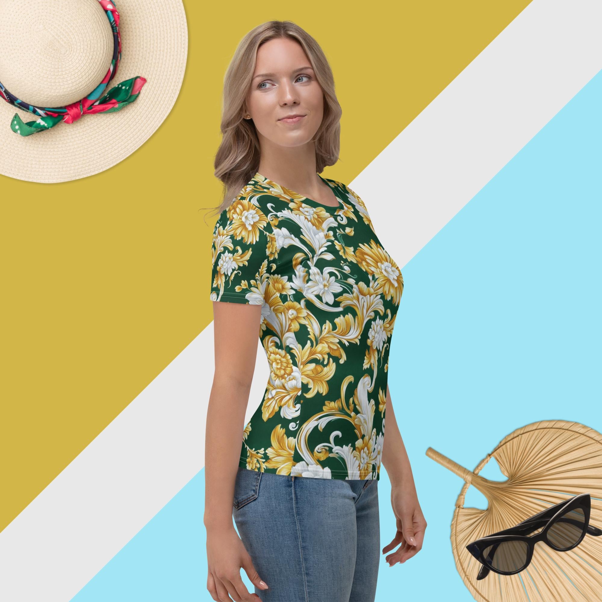 Emerald Elegance Tee – Gold Floral Green Statement Shirt by XGuidance XS 4