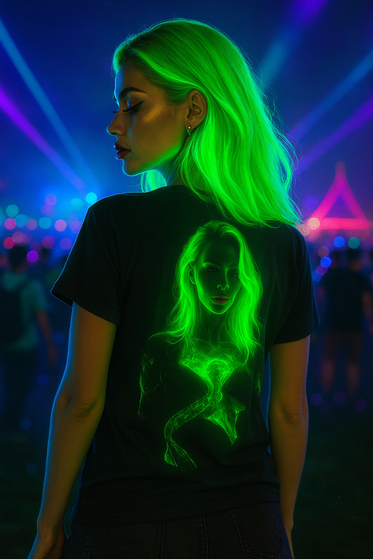Emerald Muse Backprint T-Shirt, Neon Festival T-Shirts by XGuidance XS 1