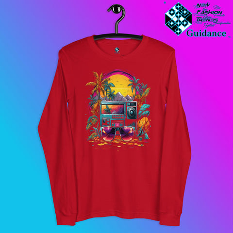 Festive Flourish Long Sleeve T-Shirt with Colorful Bus Design by XGuidance Red 2