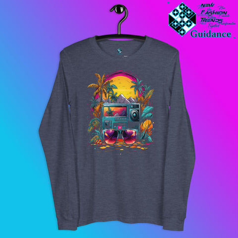 Festive Flourish Long Sleeve T-Shirt with Colorful Bus Design by XGuidance Heather Navy 8