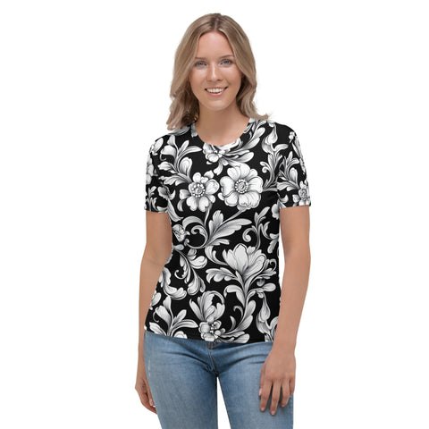 Floral Grace Tee – Elegant Black & White Floral T-Shirt by XGuidance XS 1
