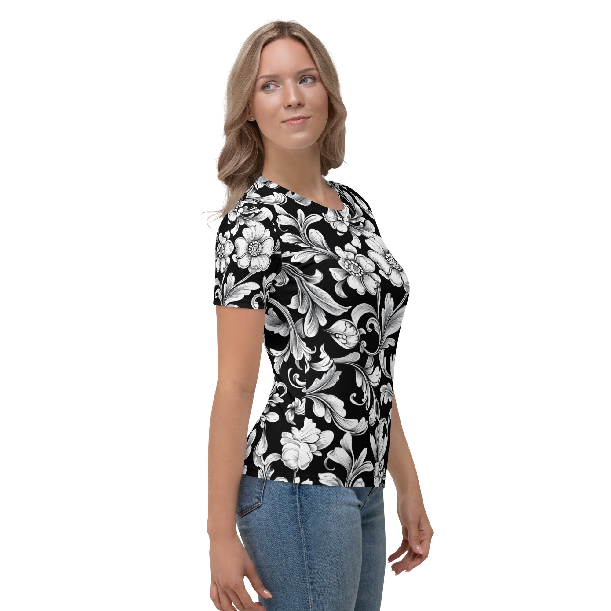 Floral Grace Tee – Elegant Black & White Floral T-Shirt by XGuidance XS 4