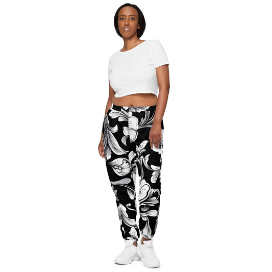 Floral Grace Track Pants – Elegant Black & White Streetwear by XGuidance XS 1