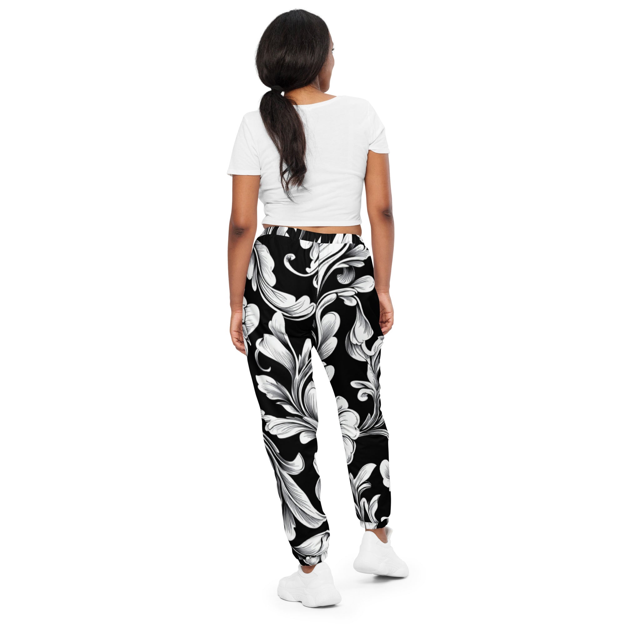Floral Grace Track Pants – Elegant Black & White Streetwear by XGuidance XS 2