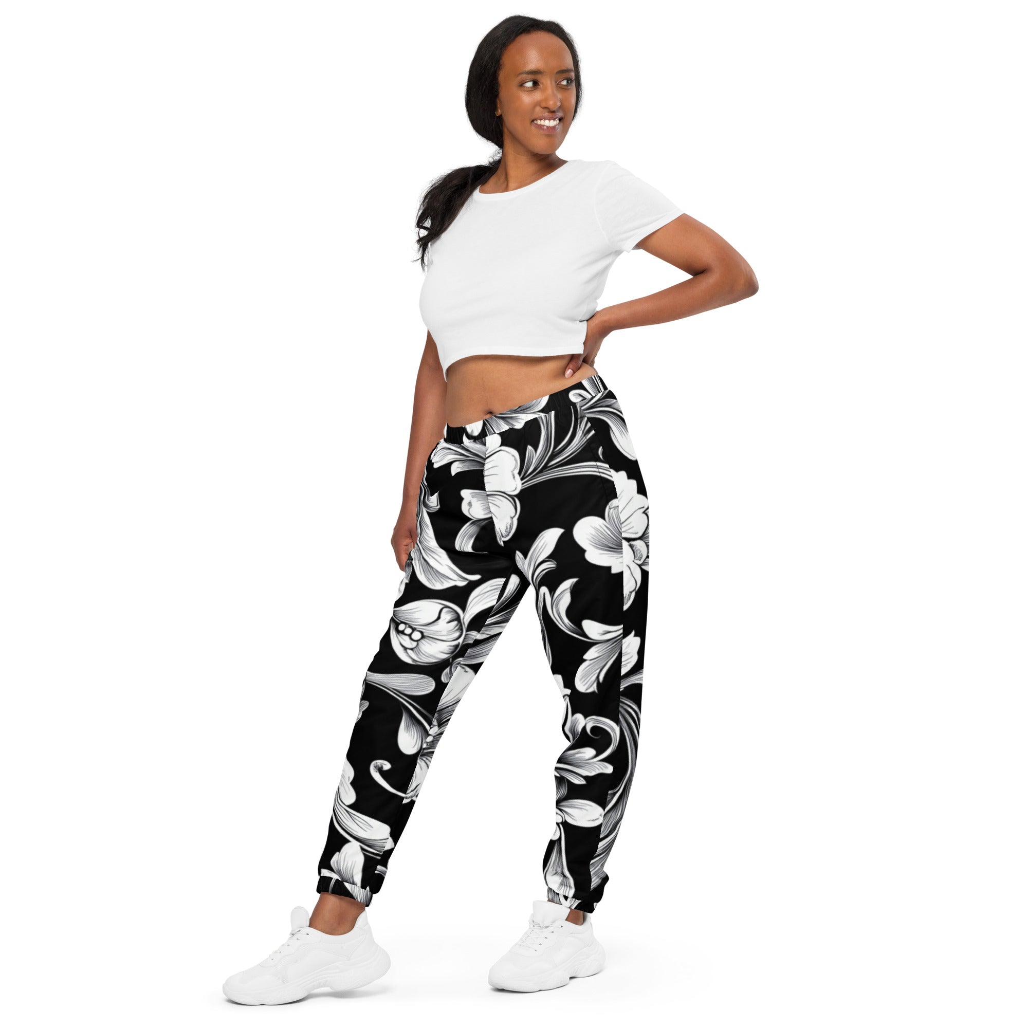 Floral Grace Track Pants – Elegant Black & White Streetwear by XGuidance XS 3