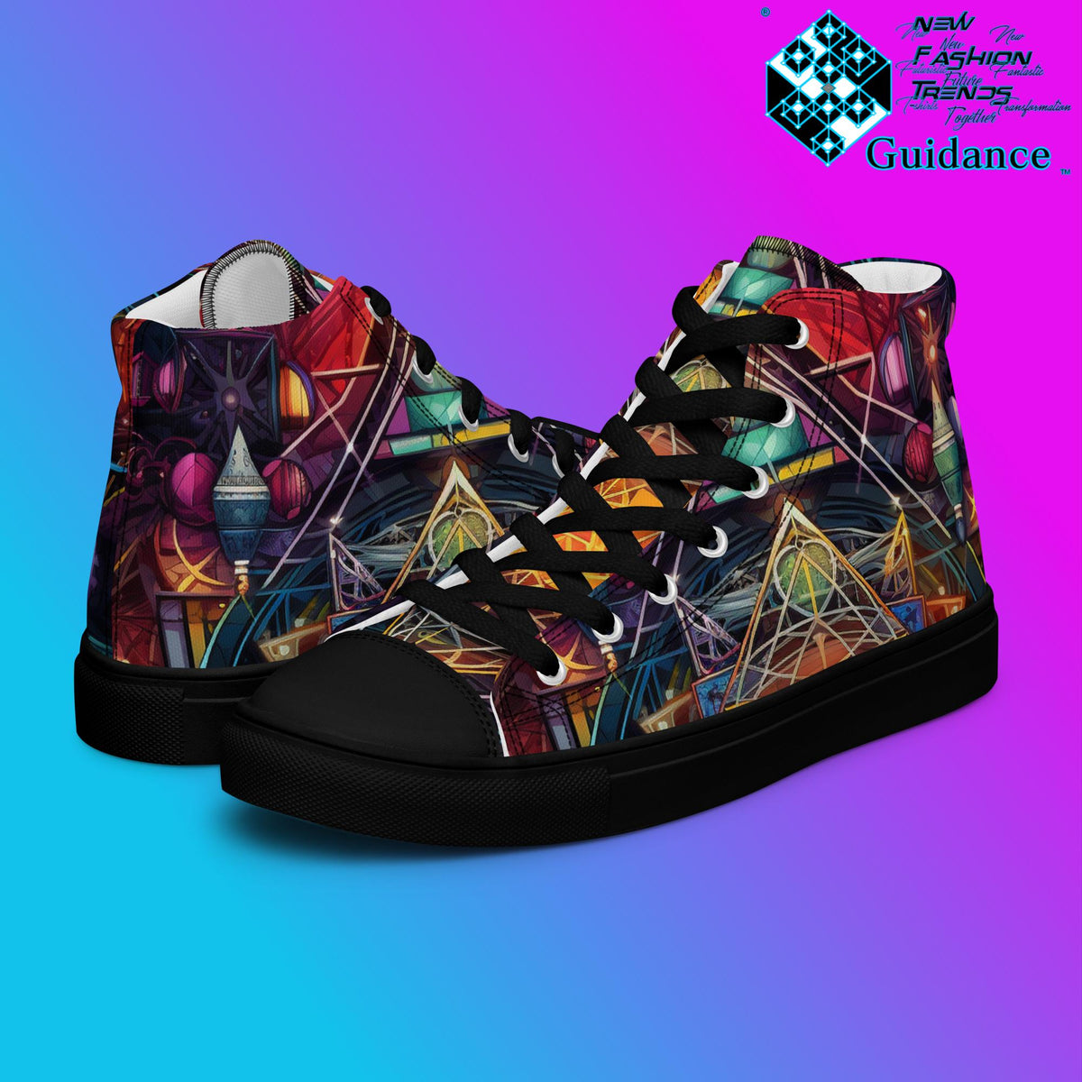 GeoSymmetry High Top Shoes – Modern Geometric Sneakers by XGuidance Black 1