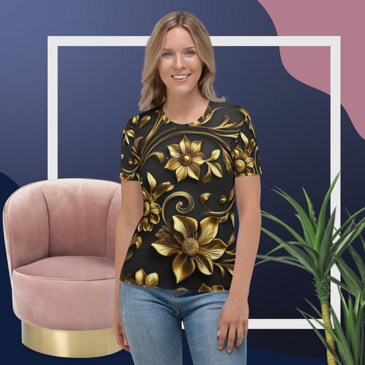 Golden Bloom Tee – Elegant Gold Floral on Dark Canvas by XGuidance XS 1