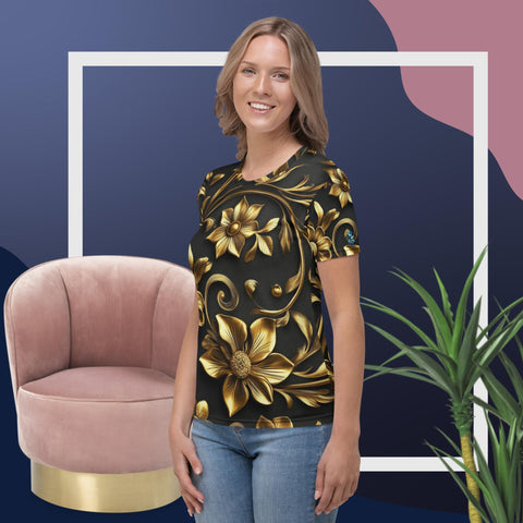Golden Bloom Tee – Elegant Gold Floral on Dark Canvas by XGuidance XS 3