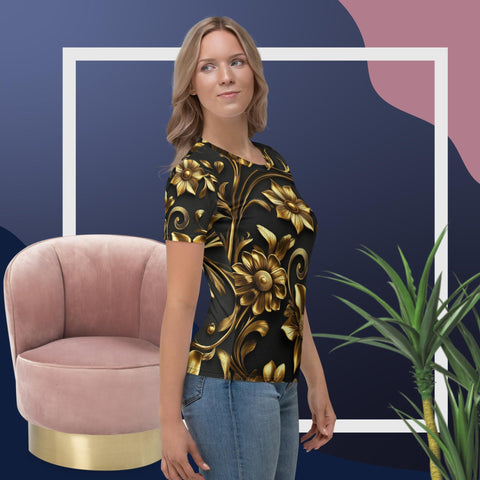 Golden Bloom Tee – Elegant Gold Floral on Dark Canvas by XGuidance XS 4