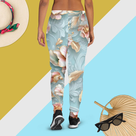 Golden Elegance Blossom Joggers – Pastel Floral Aqua Sweatpants by XGuidance XS 2